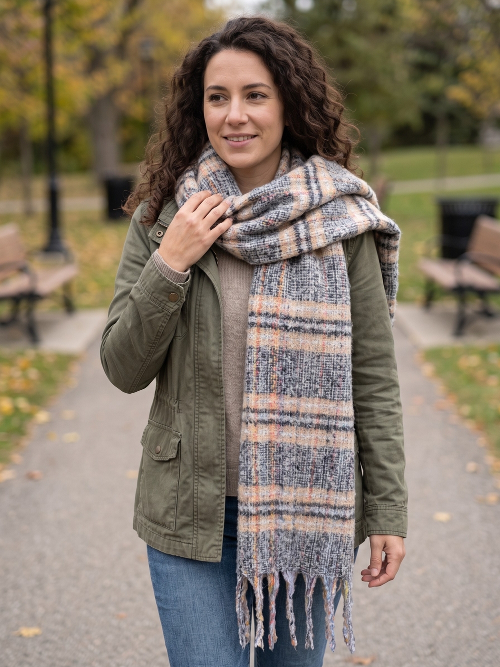 Cozy Oversized Plaid Blanket Scarf Soft Chunky Fringe Cabincore Shawl Wrap